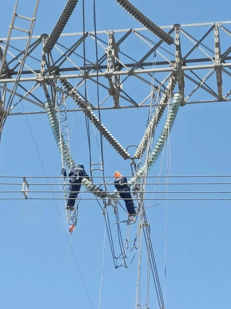 Lineros trabajando en altura sobre cadenas recubiertas
