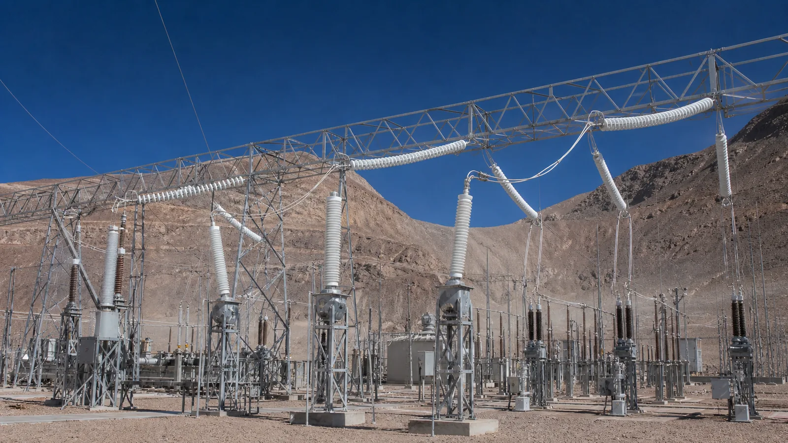 Subestación de alta tensión en el desierto, con aislación recubierta en blanco y cerros áridos al fondo