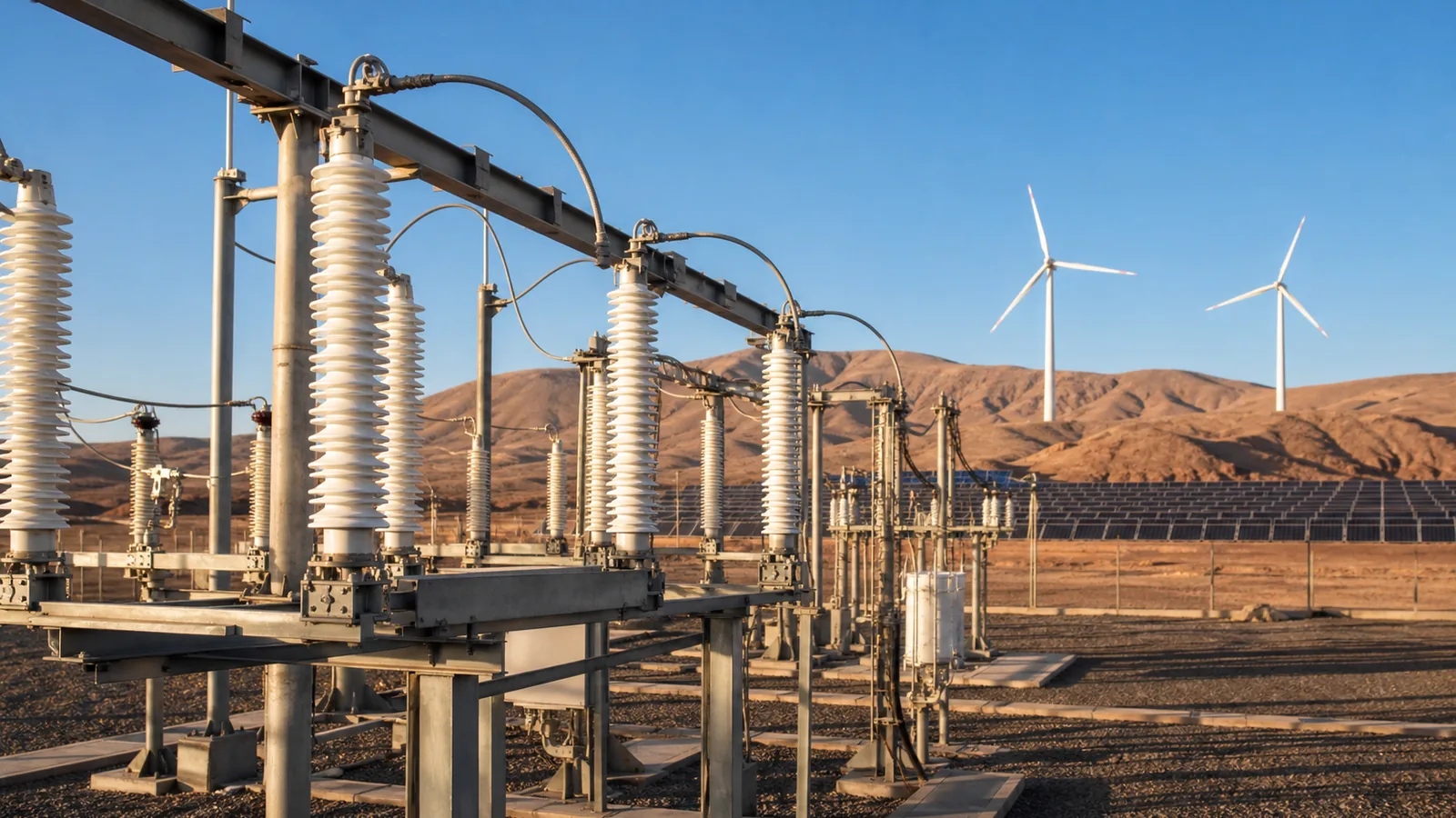 Subestación de un parque renovable con aislación recubierta en blanco, paneles solares y aerogeneradores al fondo
